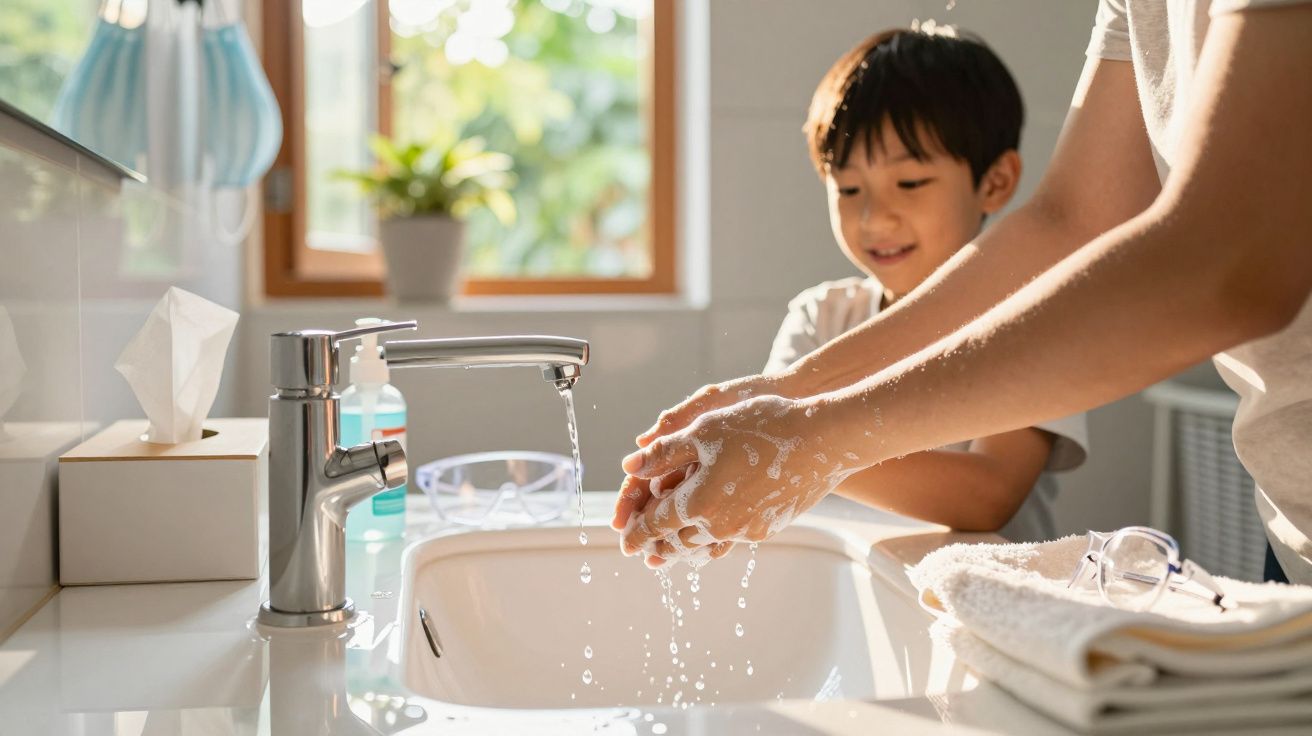 Pessoa a lavar as mãos numa casa de banho, com uma criança ao lado a observar atentamente.