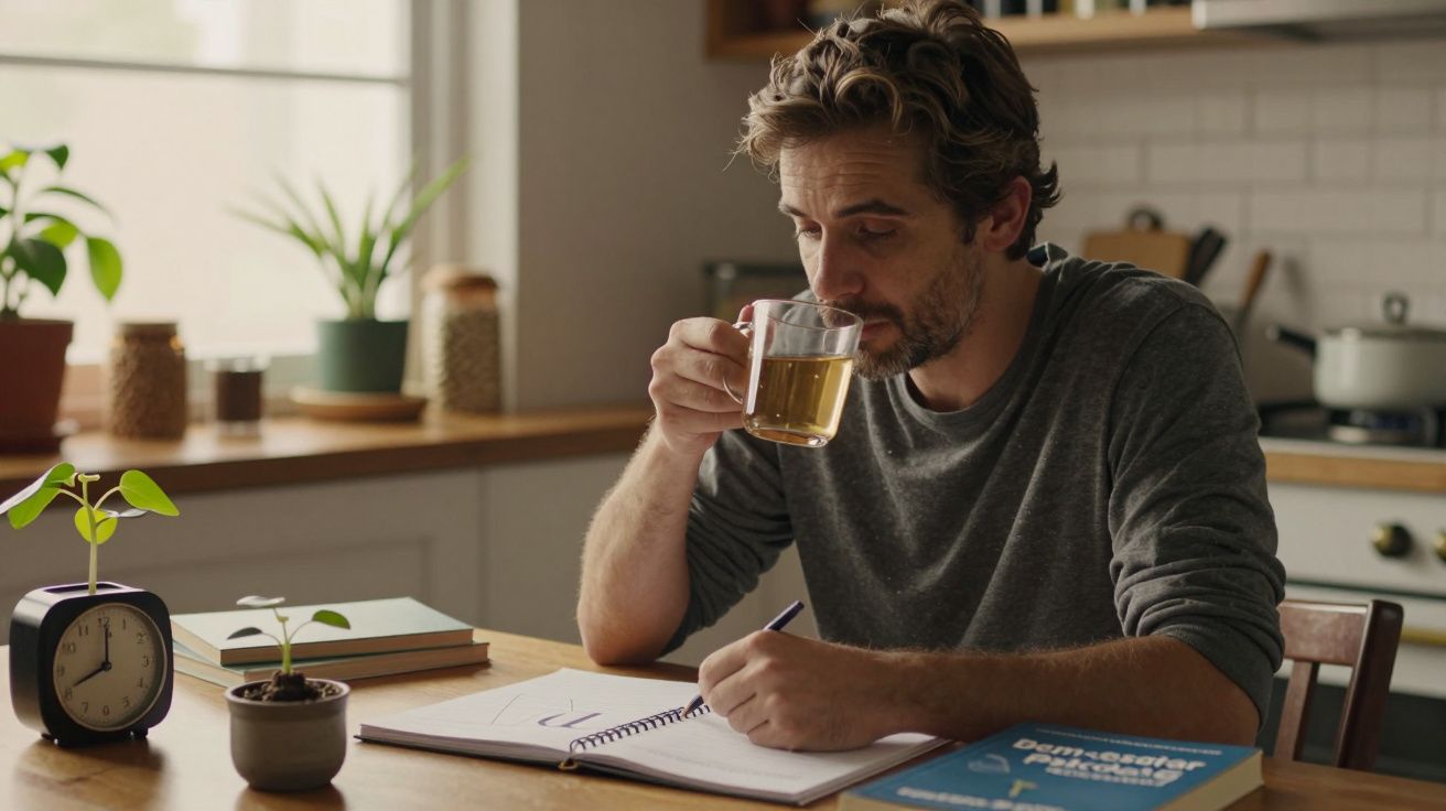 Homem sentado numa cozinha, a beber chá e escrever num caderno, com livros e plantas em cima da mesa.