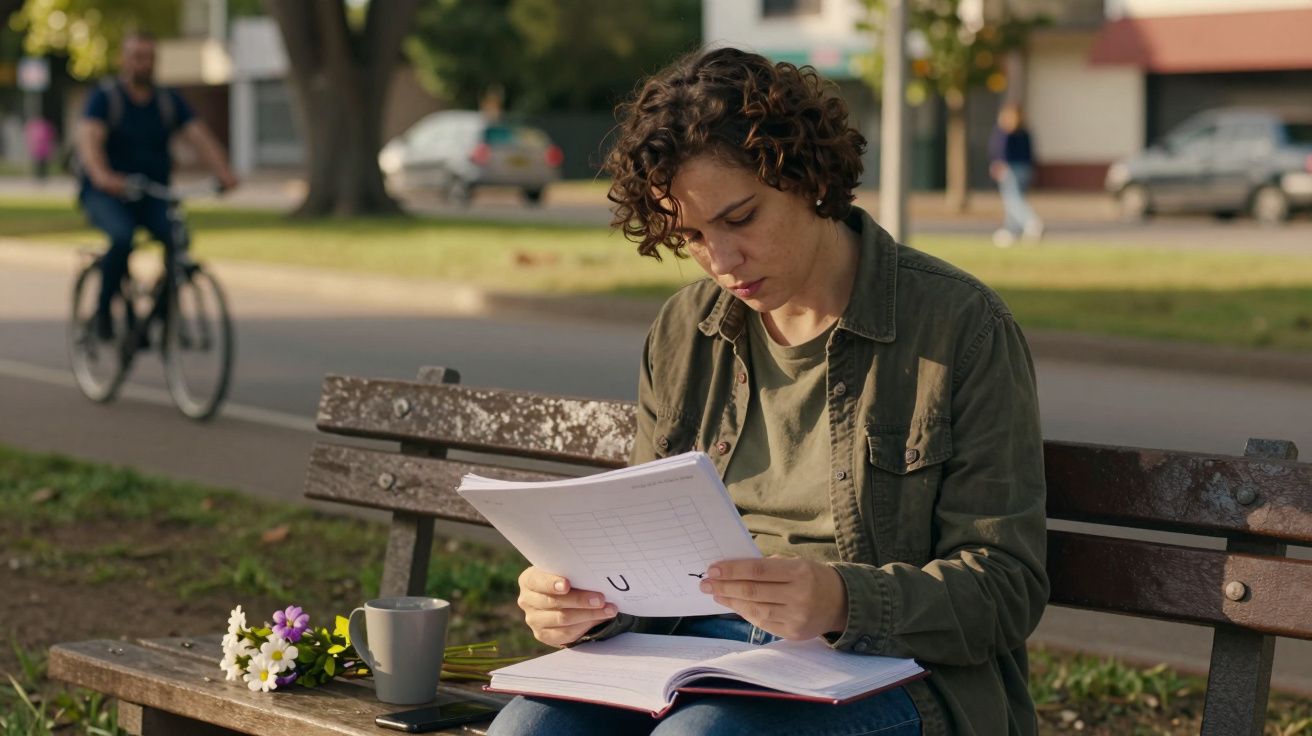 Mulher sentada num banco de parque, lendo documentos. Há uma caneca e flores ao lado. Ciclista ao fundo.