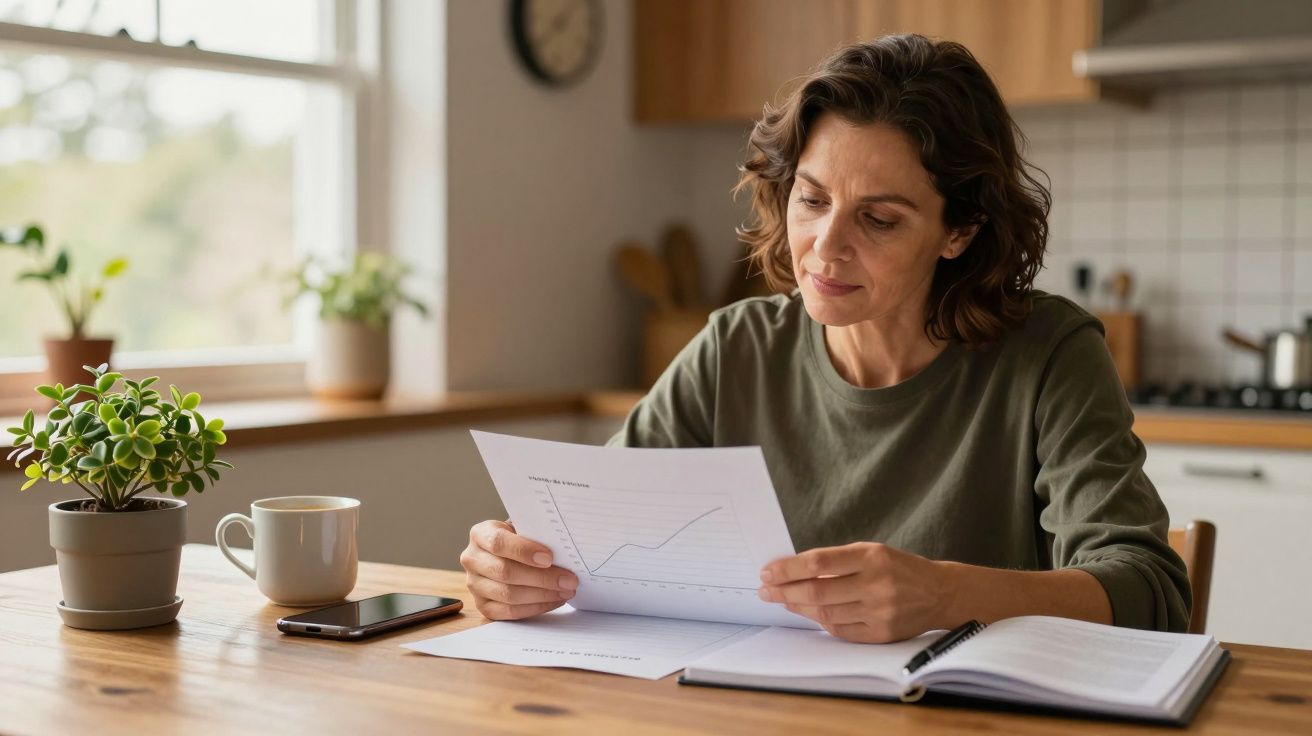 Mulher sentada à mesa, analisando um gráfico em papel, com chávena, telemóvel e planta ao lado.