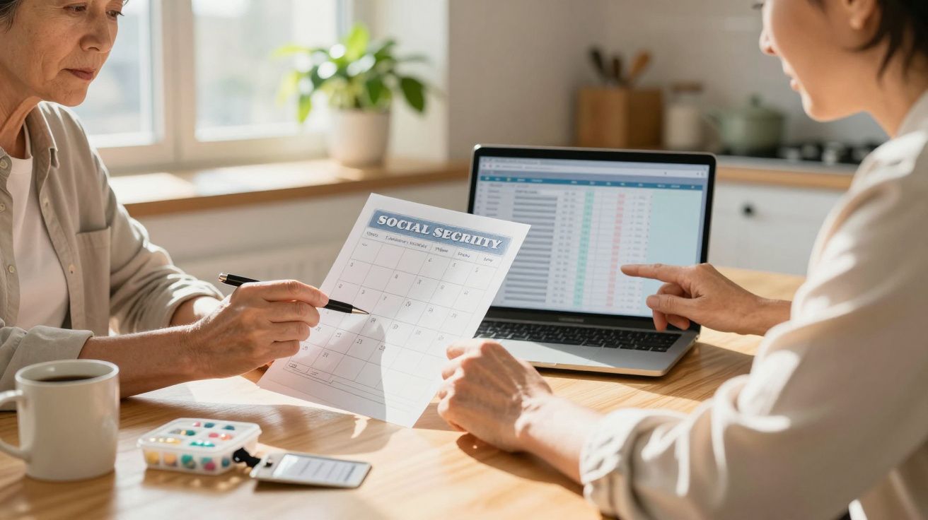 Duas pessoas discutem papéis de segurança social à mesa, com portátil ao fundo.