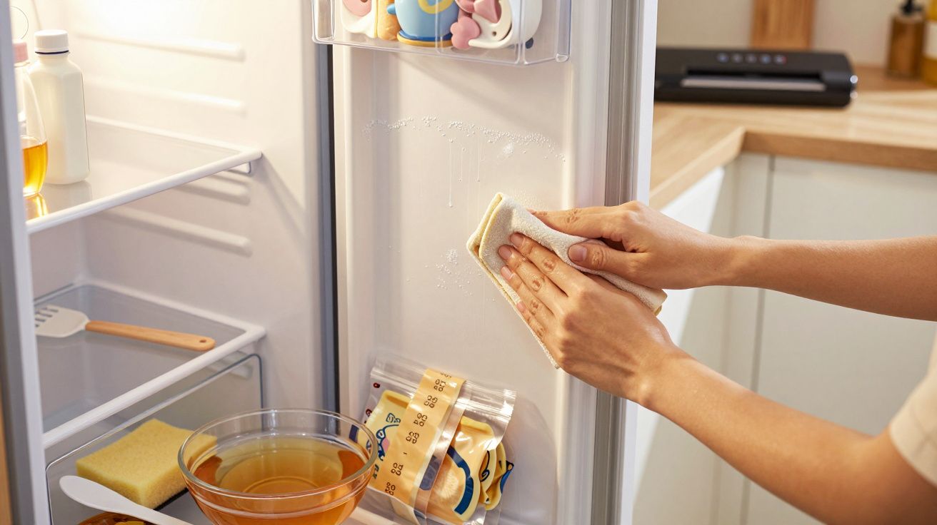 Pessoa a limpar o interior da porta de um frigorífico com uma esponja na cozinha.