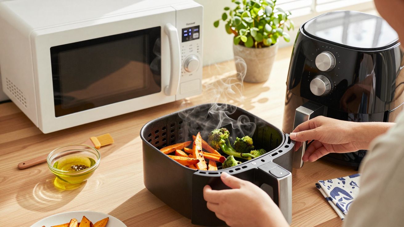 Pessoa retira tabuleiro de fritadeira de ar quente com batatas-doces e brócolos, em cozinha com micro-ondas e planta.