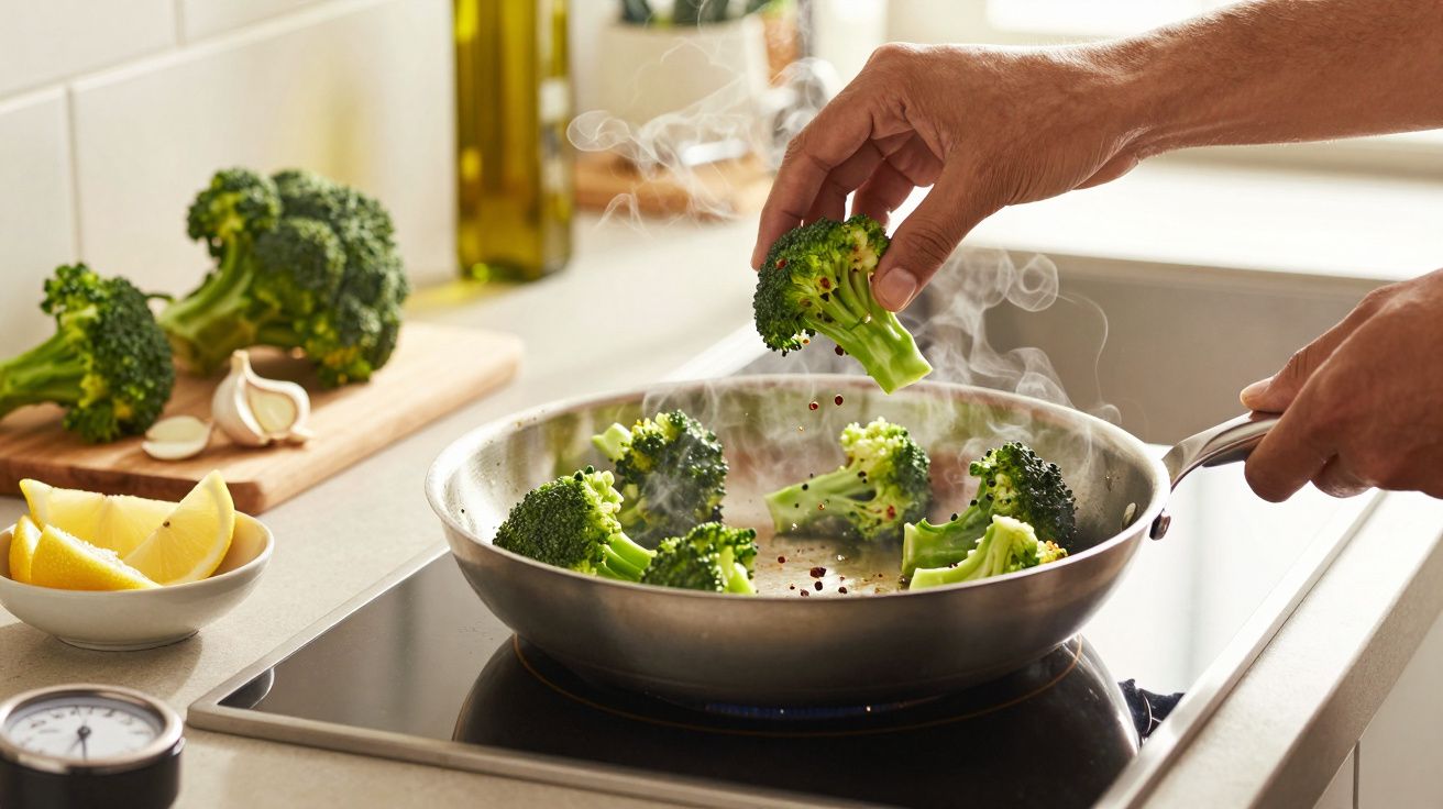 Mão frita brócolos numa frigideira com vapor saindo, junto a limões e alho numa cozinha iluminada.