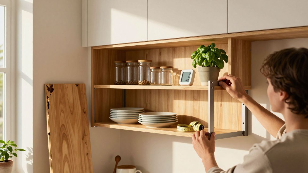 Homem ajusta prateleira de madeira com pratos, frascos e planta, num ambiente de cozinha iluminado pelo sol.