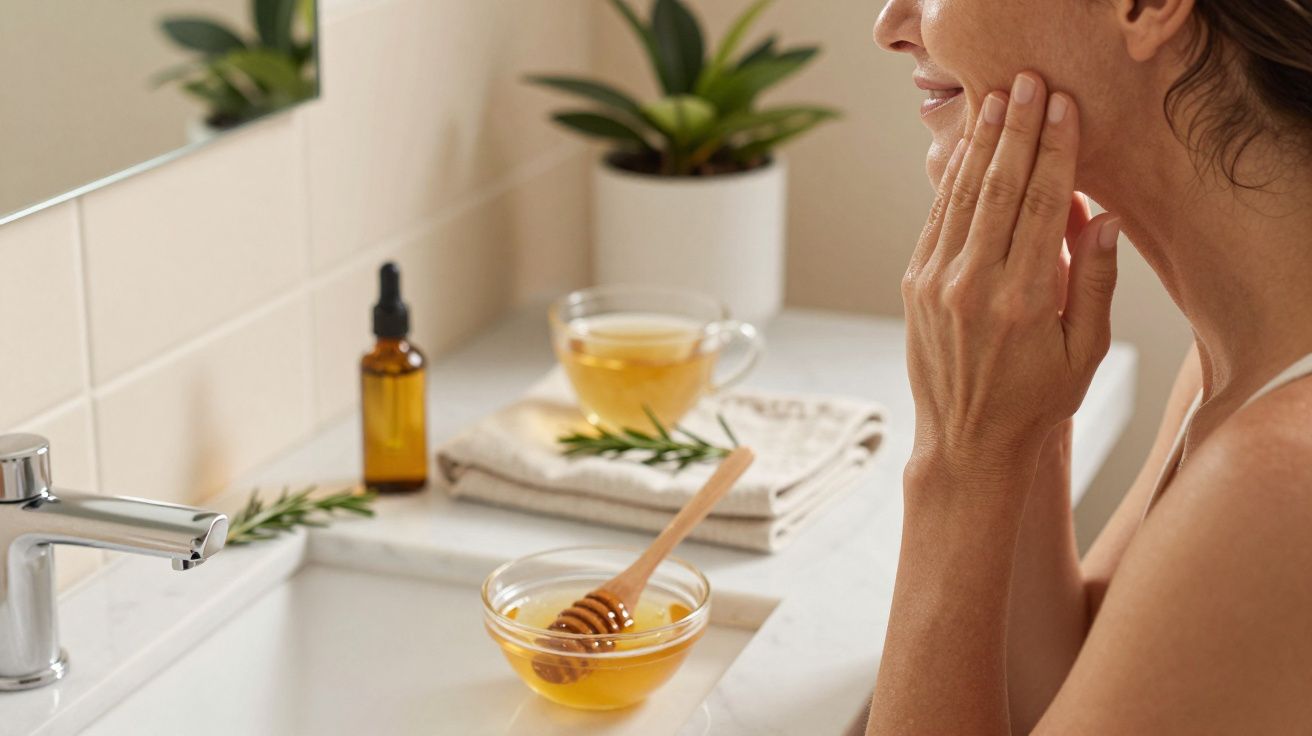 Mulher aplica máscara facial no rosto com mel, chá e óleo no lavatório da casa de banho.