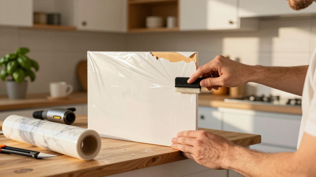 Pessoa aplicando película adesiva em painel de madeira numa cozinha.