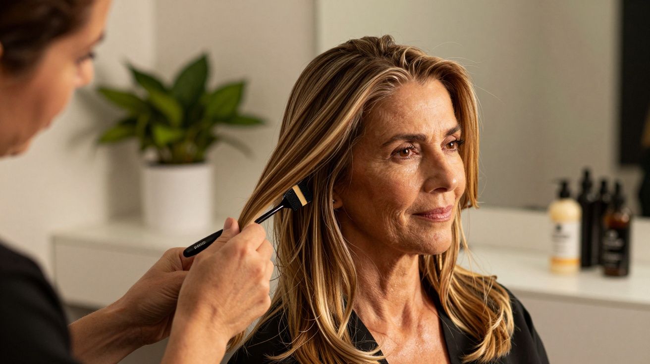 Mulher a receber tratamento capilar num salão, com um cabeleireiro a aplicar produto com um pincel.