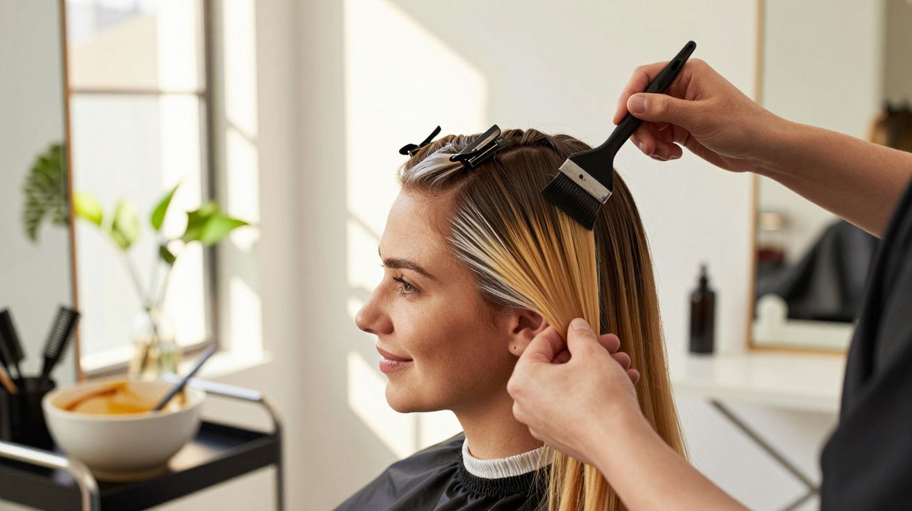 Mulher a sorrir enquanto cabelo é pintado num salão, com utensílios de cabeleireiro ao fundo.