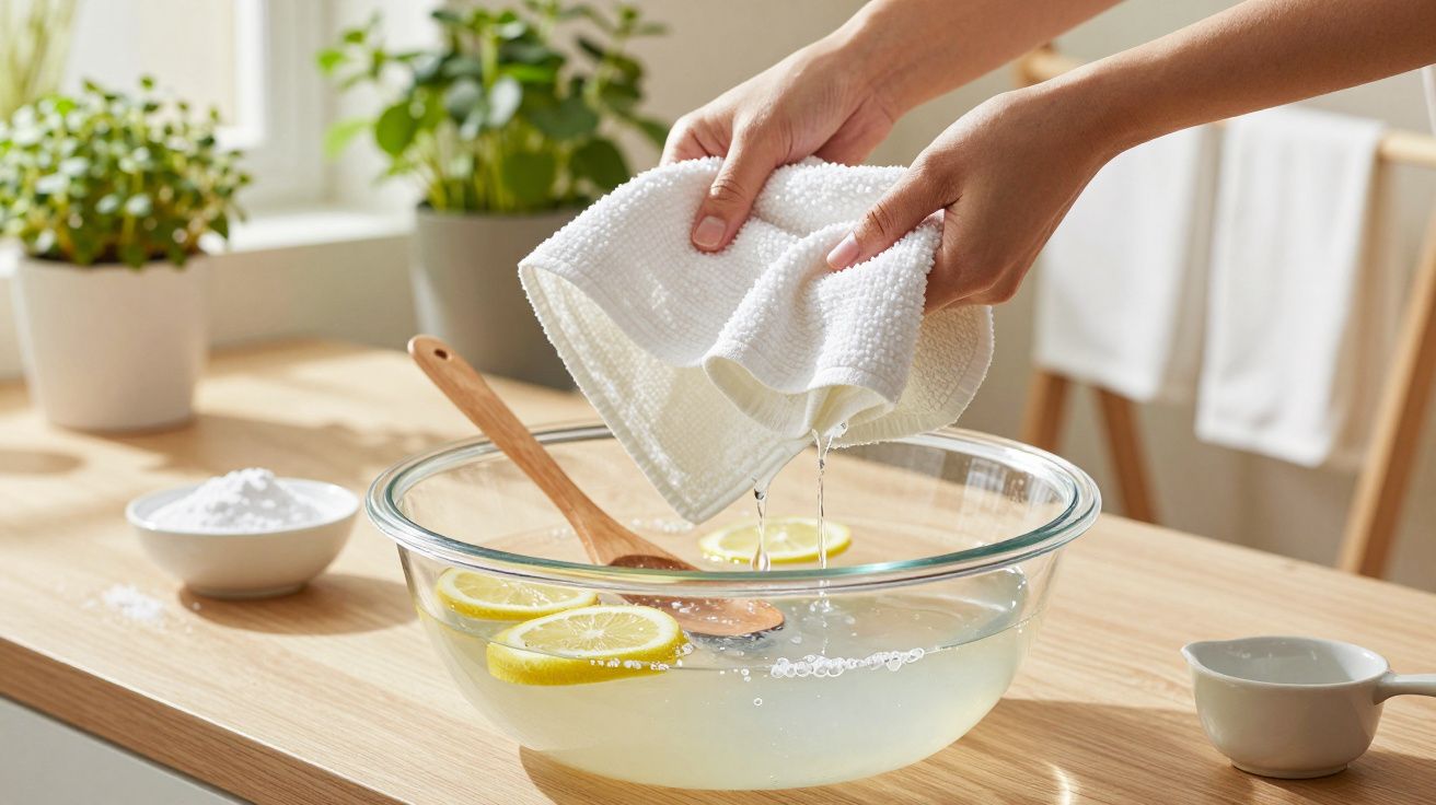 Mãos torcendo pano molhado sobre taça de vidro com água e limões em cozinha iluminada.