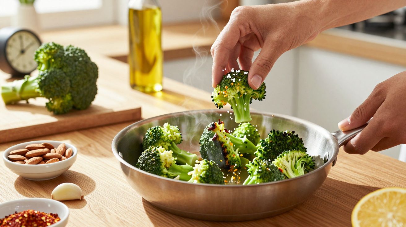 Mão a colocar brócolos numa frigideira em cozinha, com ingredientes como amêndoas e azeite ao fundo.