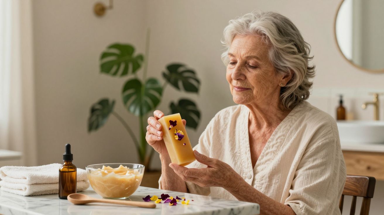 Mulher idosa envolve vela decorada com flores, sentada à mesa com plantas ao fundo.