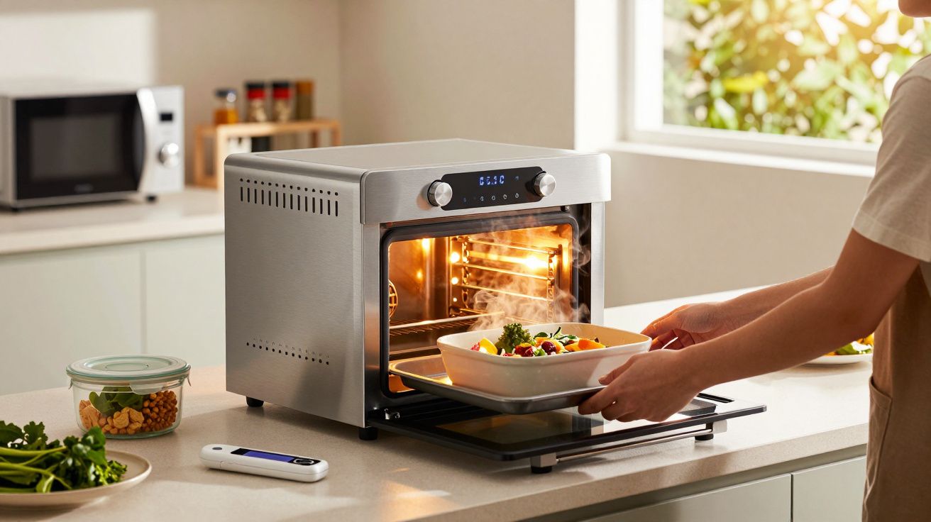 Pessoa a retirar uma travessa com comida do forno numa cozinha iluminada, com ervas frescas ao lado.