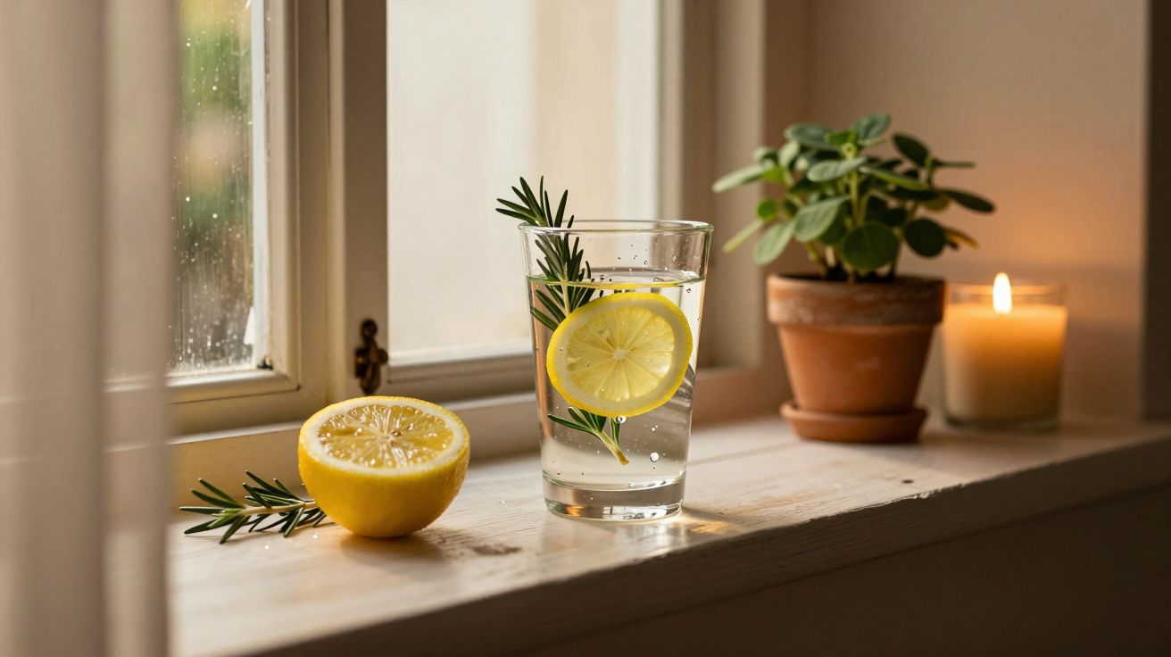 Copo com água, rodelas de limão e alecrim numa janela, ao lado de meio limão, planta e vela acesa.