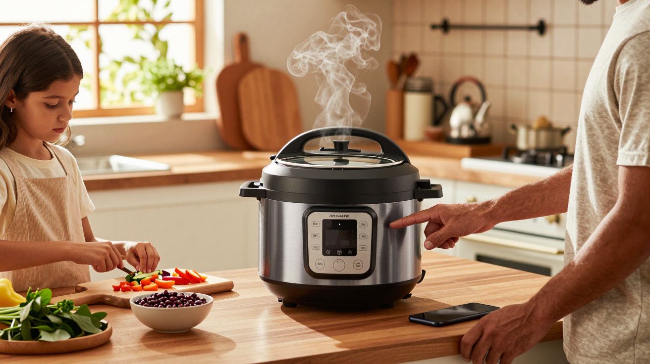 Criança corta legumes perto de panela elétrica a vapor numa cozinha iluminada.