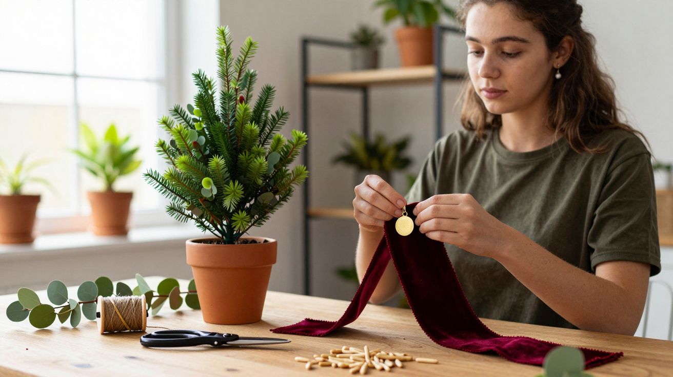 Mulher decora ornamento natalício numa mesa com mini árvore, tesoura e folhas.