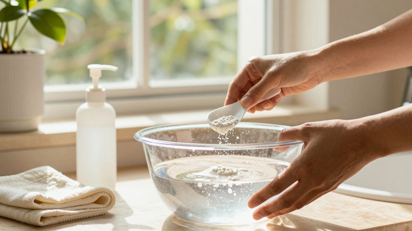 Mãos adicionam pó branco a uma taça de vidro com água em frente a uma janela. Tesoura de toalhas e doseador ao lado.