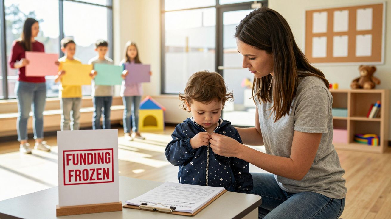 Mulher ajuda criança a vestir casaco numa sala de aula. Placa com "Funding Frozen" em destaque sobre a mesa. Crianças ao fund