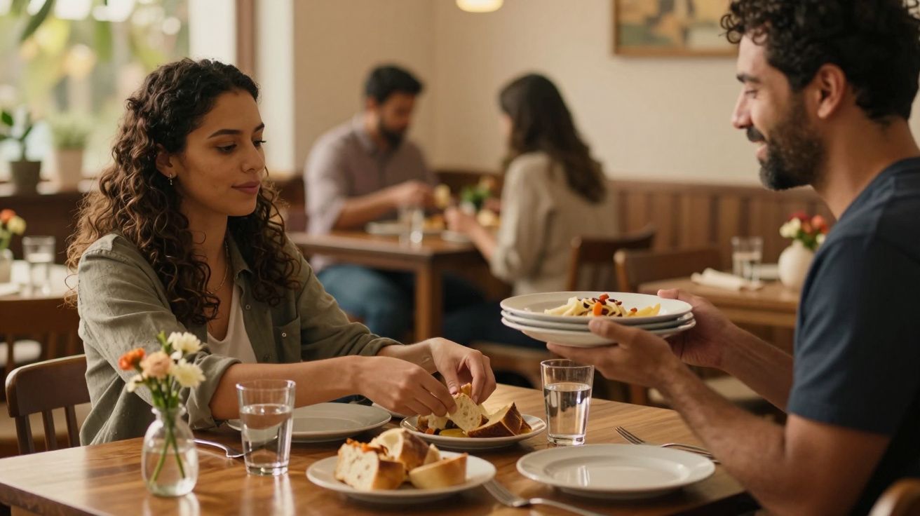 Casal a desfrutar de refeição num restaurante, com flores numa mesa de madeira e pessoas ao fundo.