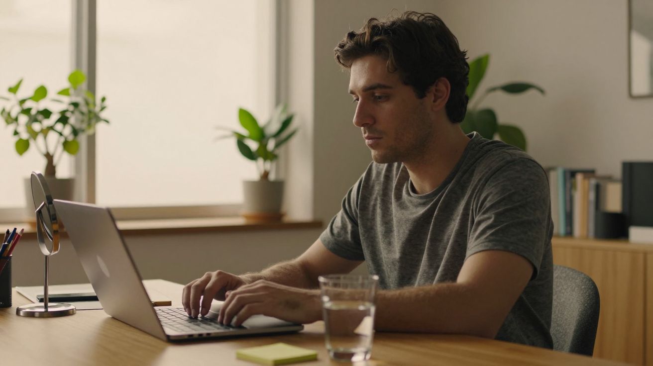 Homem a trabalhar num portátil numa sala com plantas, junto a uma janela. Um copo de água está sobre a mesa.