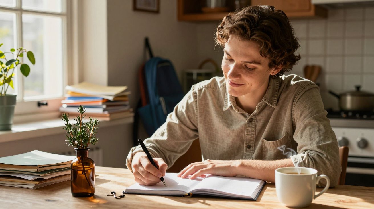 Pessoa sorrindo enquanto escreve num caderno, sentada numa mesa de cozinha com chávena de café ao lado.