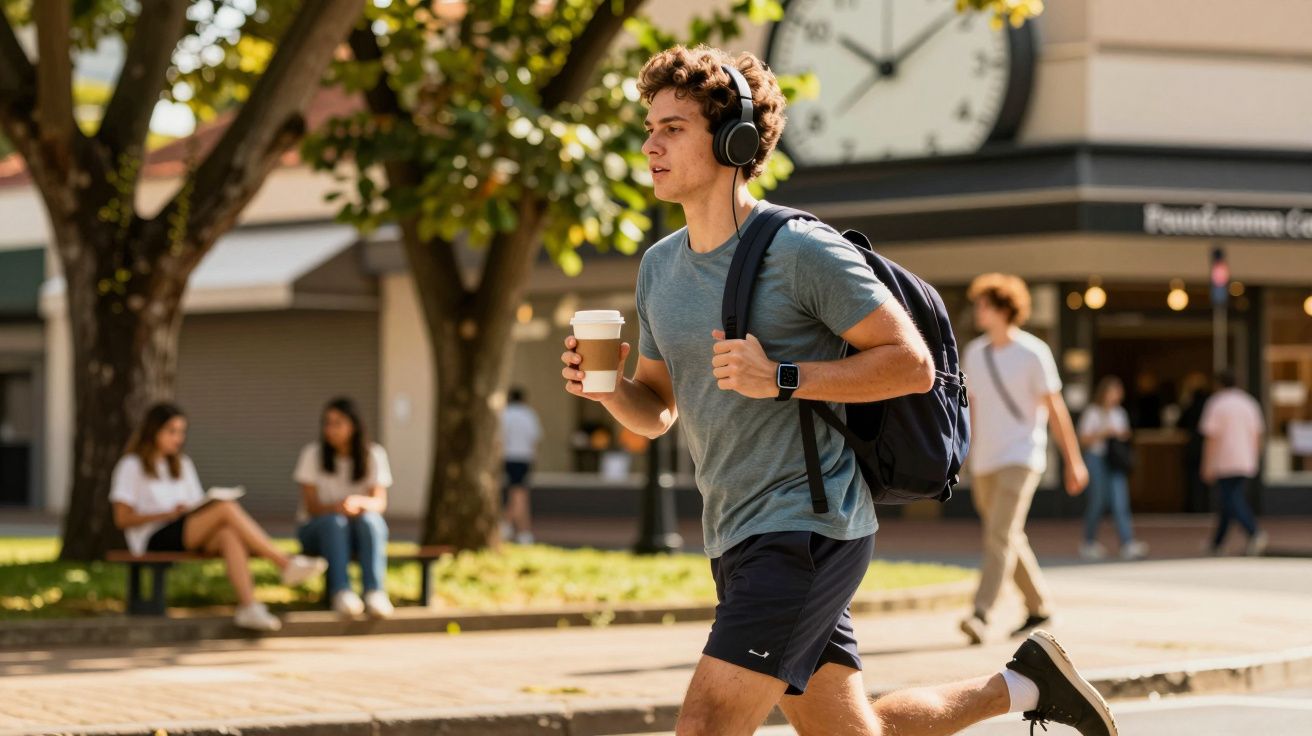 Jovem a correr numa rua, com auscultadores e café na mão, mochila às costas, relógio ao fundo.