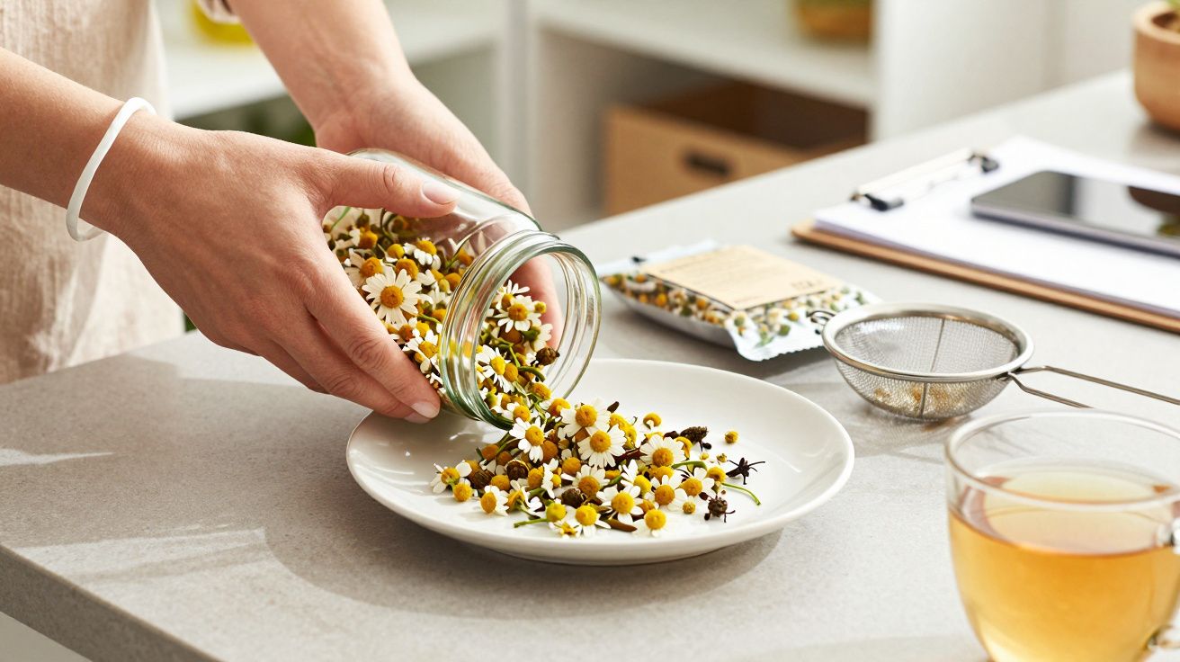 Pessoa a despejar camomila seca num prato, com um copo de chá ao lado.