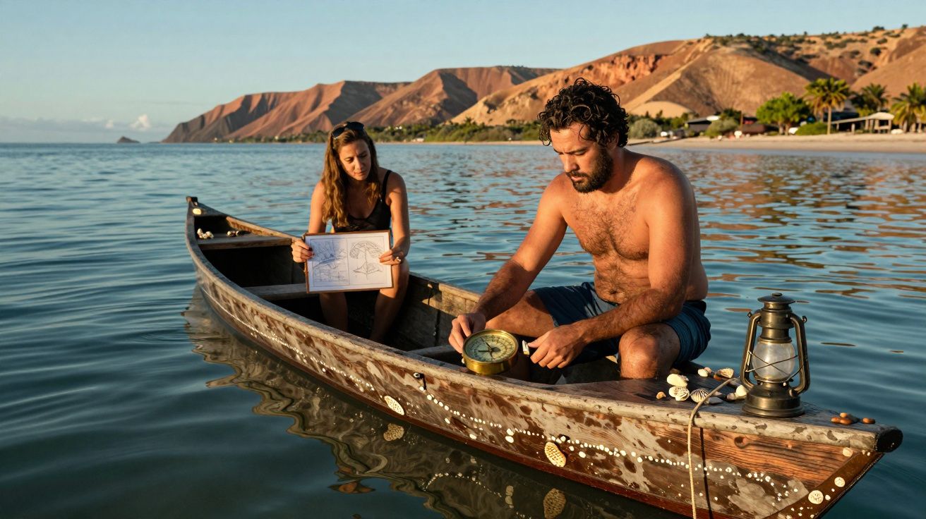 Homem e mulher numa canoa no mar com mapa e bússola, ao fundo montanhas e casas costeiras.