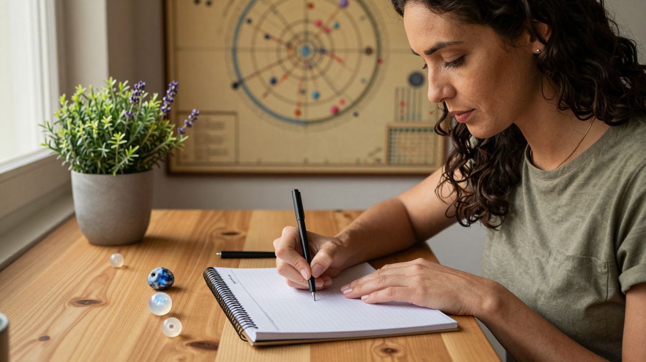 Mulher escrevendo num caderno numa mesa de madeira, com planta ao lado e quadro de astrologia ao fundo.