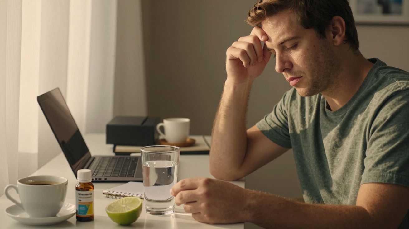 Homem com dor de cabeça sentado à mesa com computador, comprimidos, chávena de café, água e lima cortada ao meio.