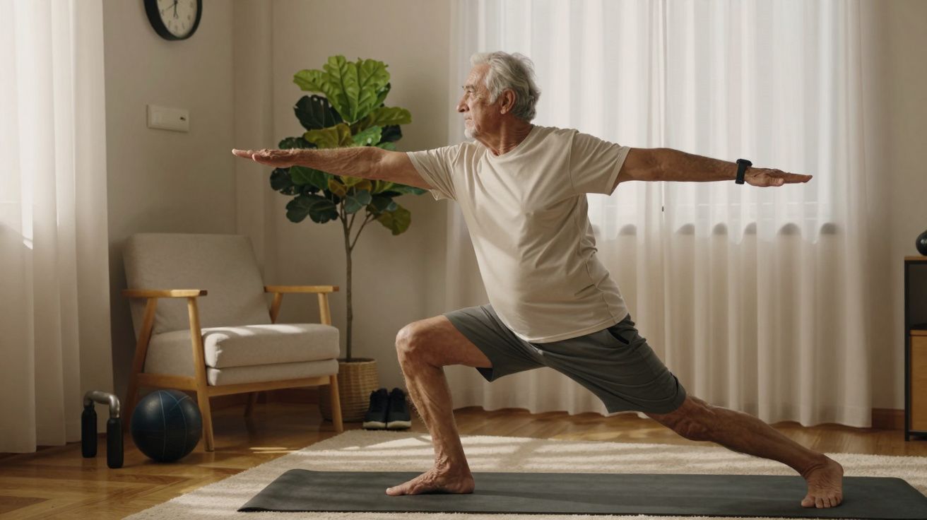 Homem idoso praticando yoga na sala, em posição de guerreiro, ao lado de uma cadeira e plantas.