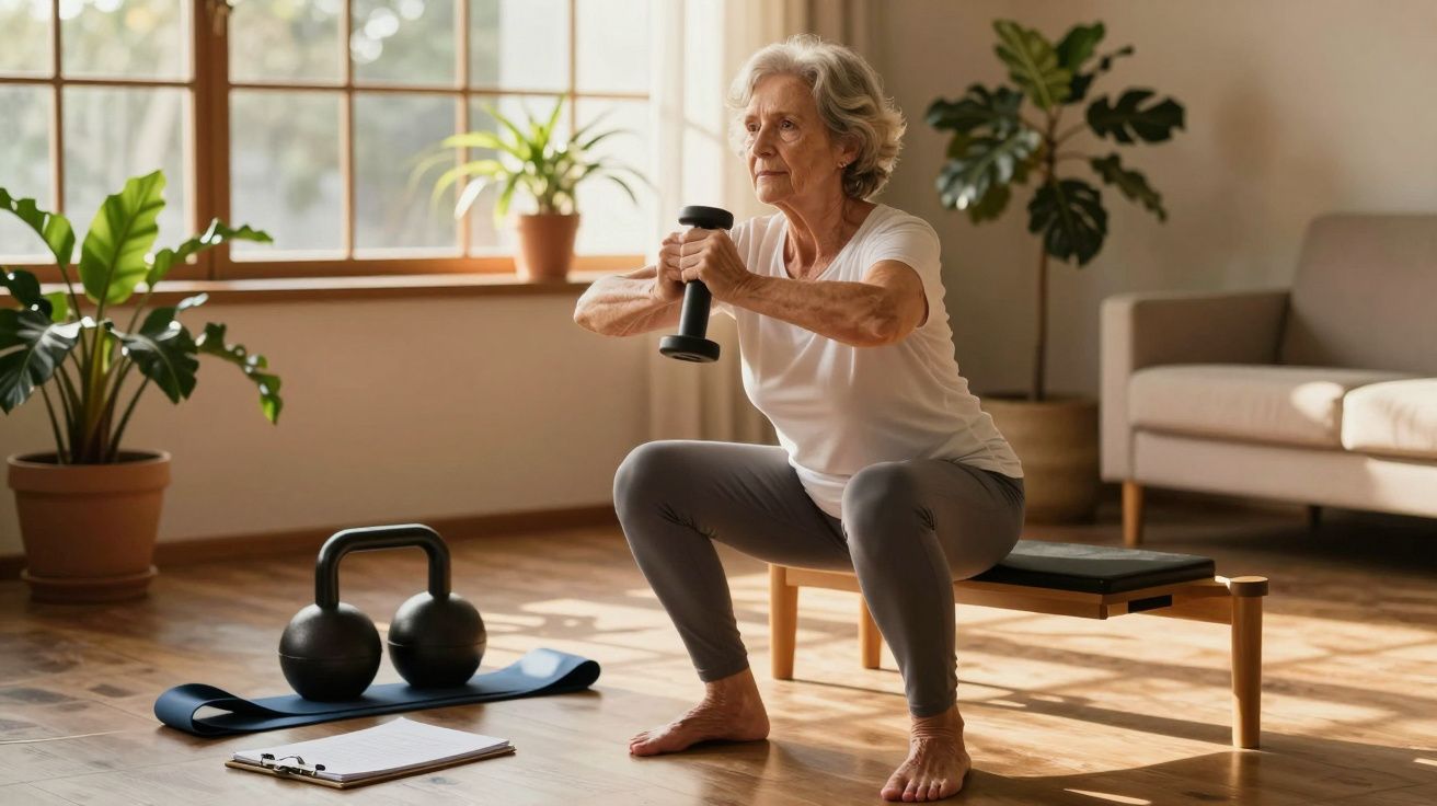 Mulher idosa fazendo exercício com halteres, agachada numa sala iluminada, com plantas e pesos ao redor.