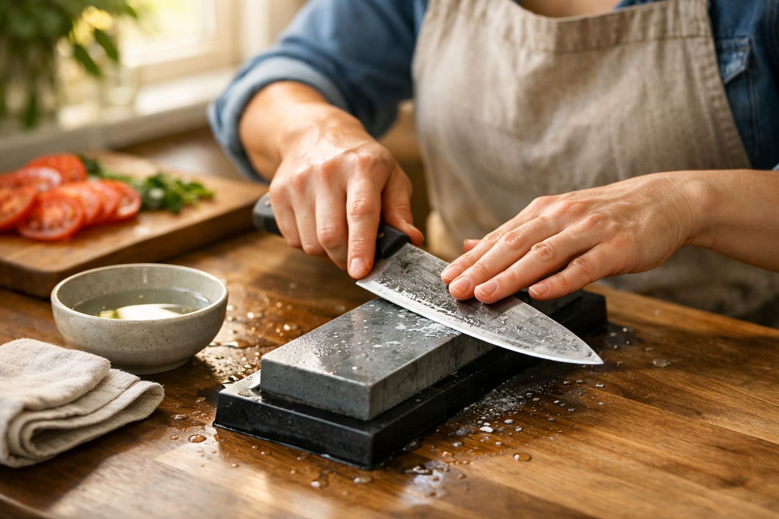 Pessoa afia faca em pedra de afiar sobre tábua de madeira, com tomate cortado ao lado.