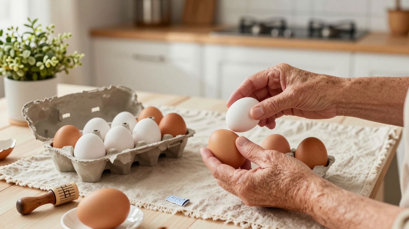 Mãos segurando ovos de diferentes cores numa cozinha, com uma caixa de ovos ao lado.