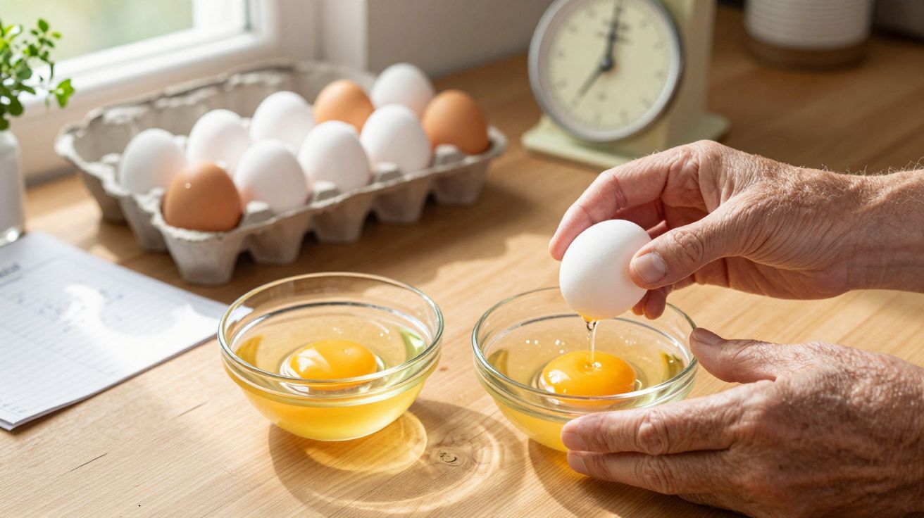 Pessoa a quebrar ovos em taças de vidro numa cozinha com ovos e uma balança ao fundo.