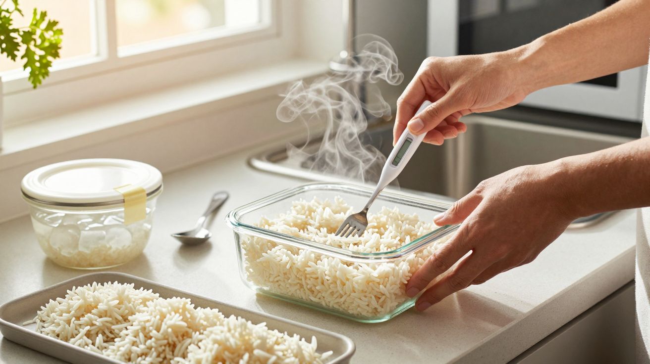 Mãos mexendo arroz quente numa travessa de vidro sobre uma bancada de cozinha, com vapor a sair do arroz cozido.