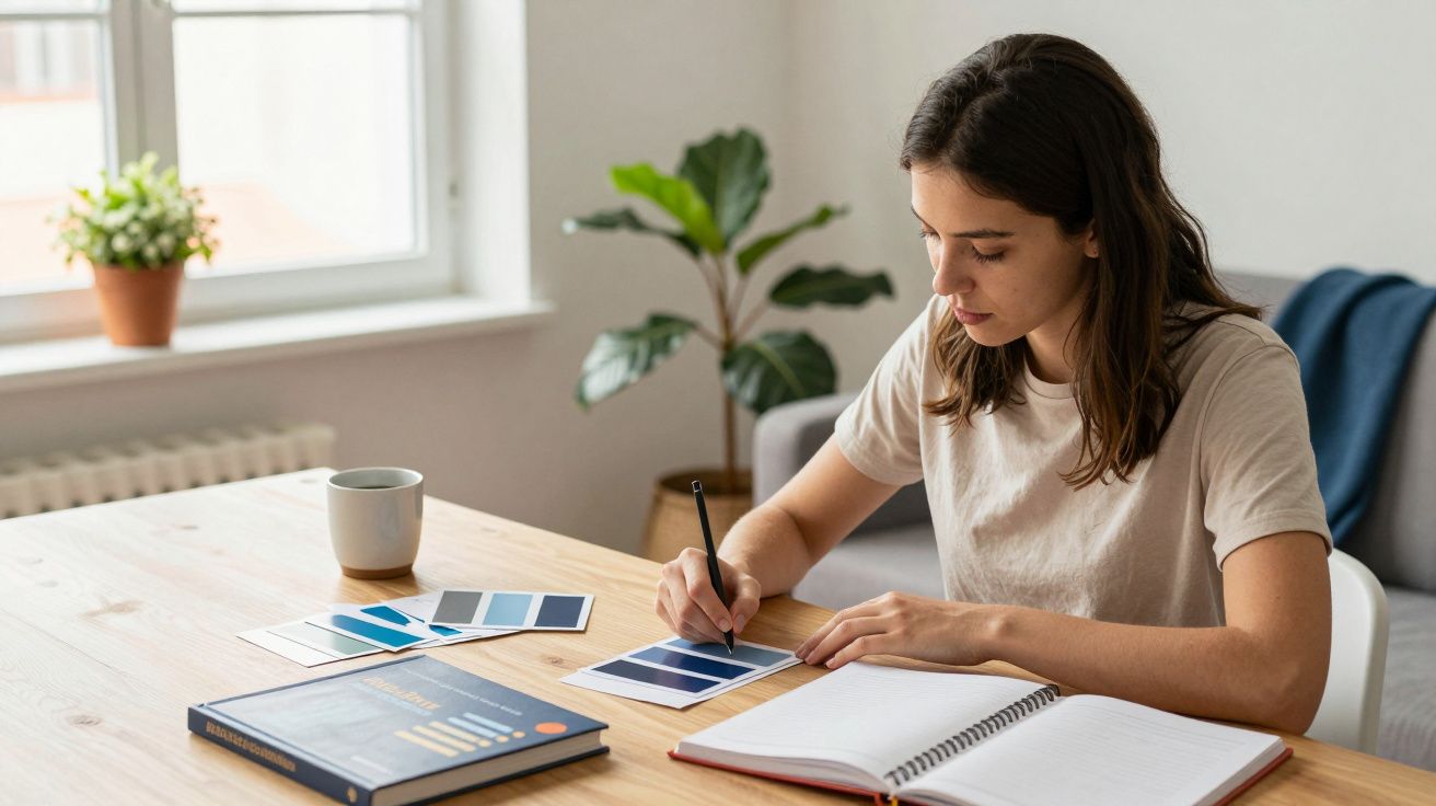 Mulher a estudar numa mesa com amostras de cor, livro aberto e chávena, numa sala bem iluminada.