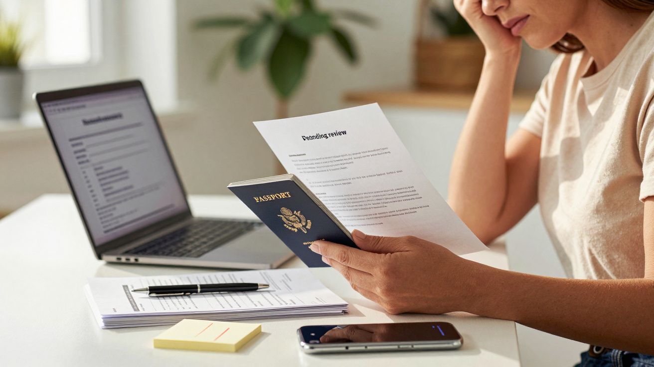 Mulher em casa, preocupada, segura documentos e passaporte, frente a um portátil e smartphone sobre a mesa.
