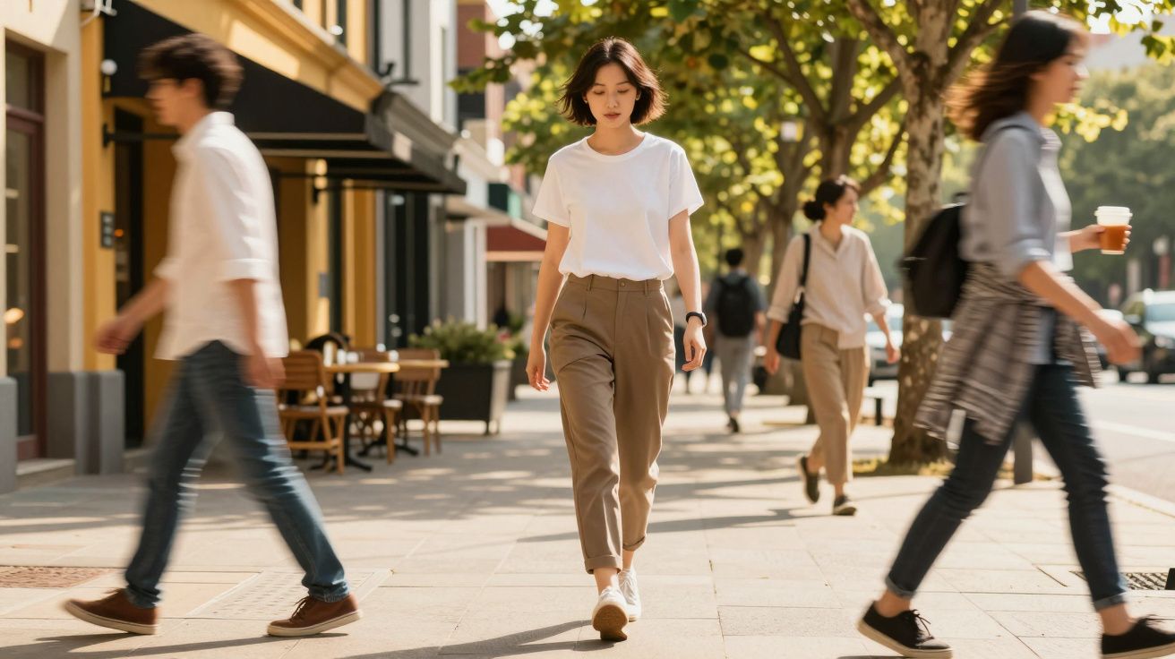 Mulher a caminhar calmamente numa rua movimentada, com edifícios e árvores ao fundo. Pessoas a andar em direções opostas.