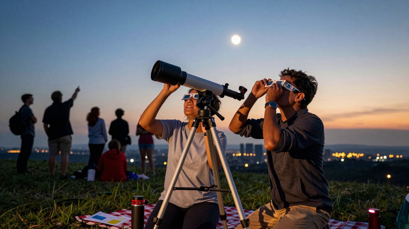 Pessoas observam o céu noturno com telescópio e óculos especiais, durante uma noite clara com a lua brilhante.