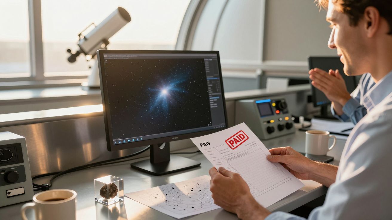 Homem numa sala com telescópio e computador a observar imagem de estrelas. Ele segura documento marcado como "PAID".