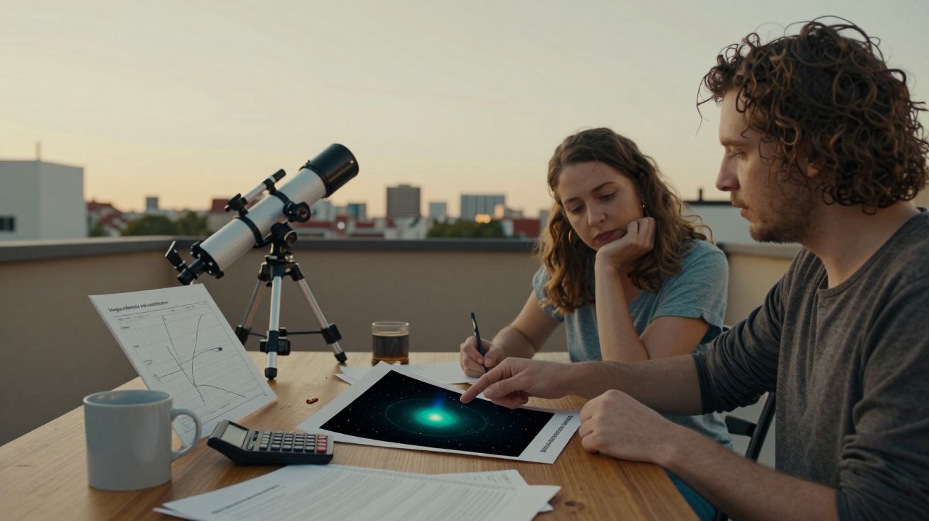Duas pessoas analisam imagens espaciais e gráficos ao lado de um telescópio em mesa ao ar livre ao entardecer.