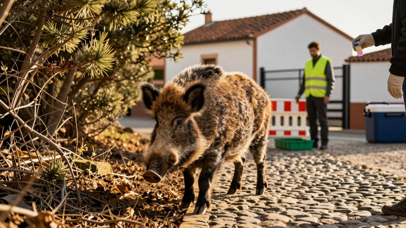 Javali a caminhar numa rua de calçada, enquanto duas pessoas ao fundo observam com coletes refletores.