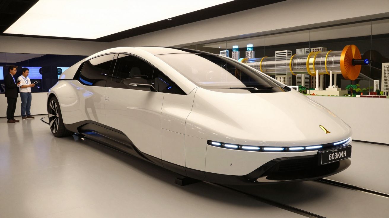 Carro futurista branco com design aerodinâmico em exibição num salão, com duas pessoas ao fundo.
