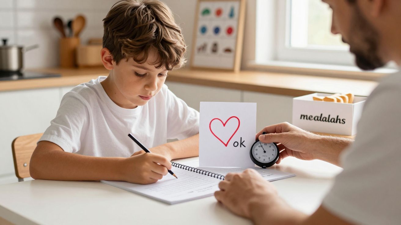 Menino a estudar com um adulto segurando um cartão com um coração e a palavra "ok", numa sala iluminada.