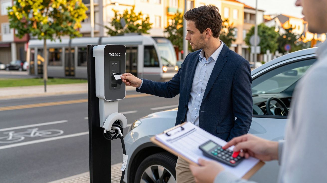 Homem a carregar carro elétrico num posto de carregamento público, enquanto outra pessoa segura uma prancheta e calculadora.