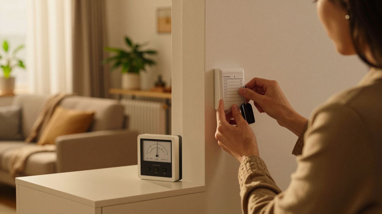 Mulher ajusta interruptor numa sala bem iluminada, com medidor em cima de móvel ao lado.