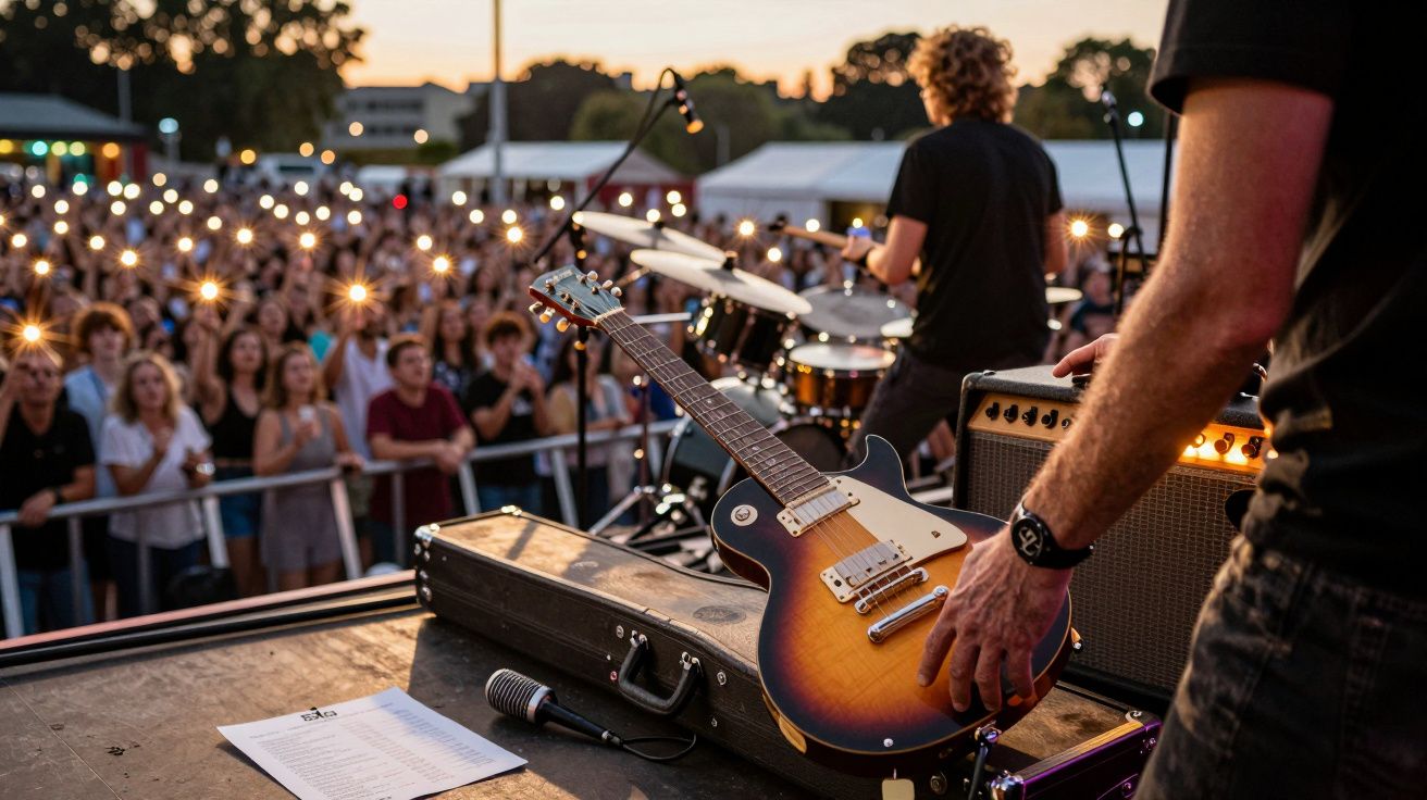 Concerto ao ar livre com público animado e luzes, guitarra e bateria no palco ao pôr do sol.