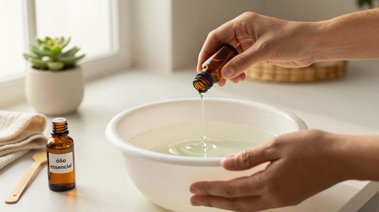 Mãos vertem óleo essencial num prato com água, com frasco ao lado.