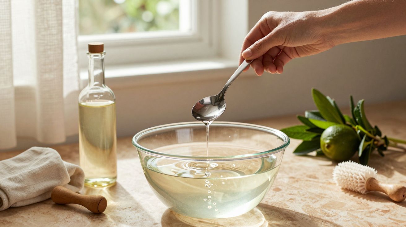 Mão segurando colher sobre tigela com líquido, garrafa de vidro, toalha e limão ao fundo numa bancada.
